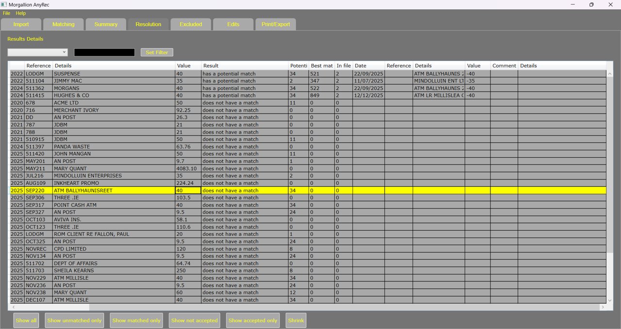 AnyRec resolution screen showing matched and unmatched transactions